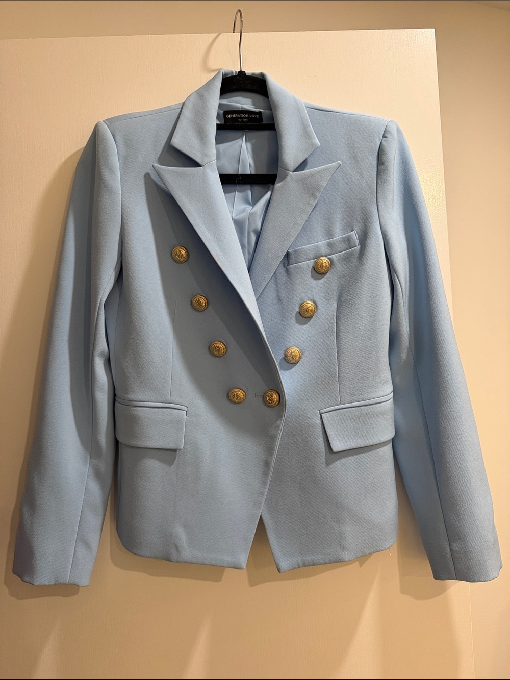 Generation Love Sky Blue Double-Breasted Blazer with Gold Buttons